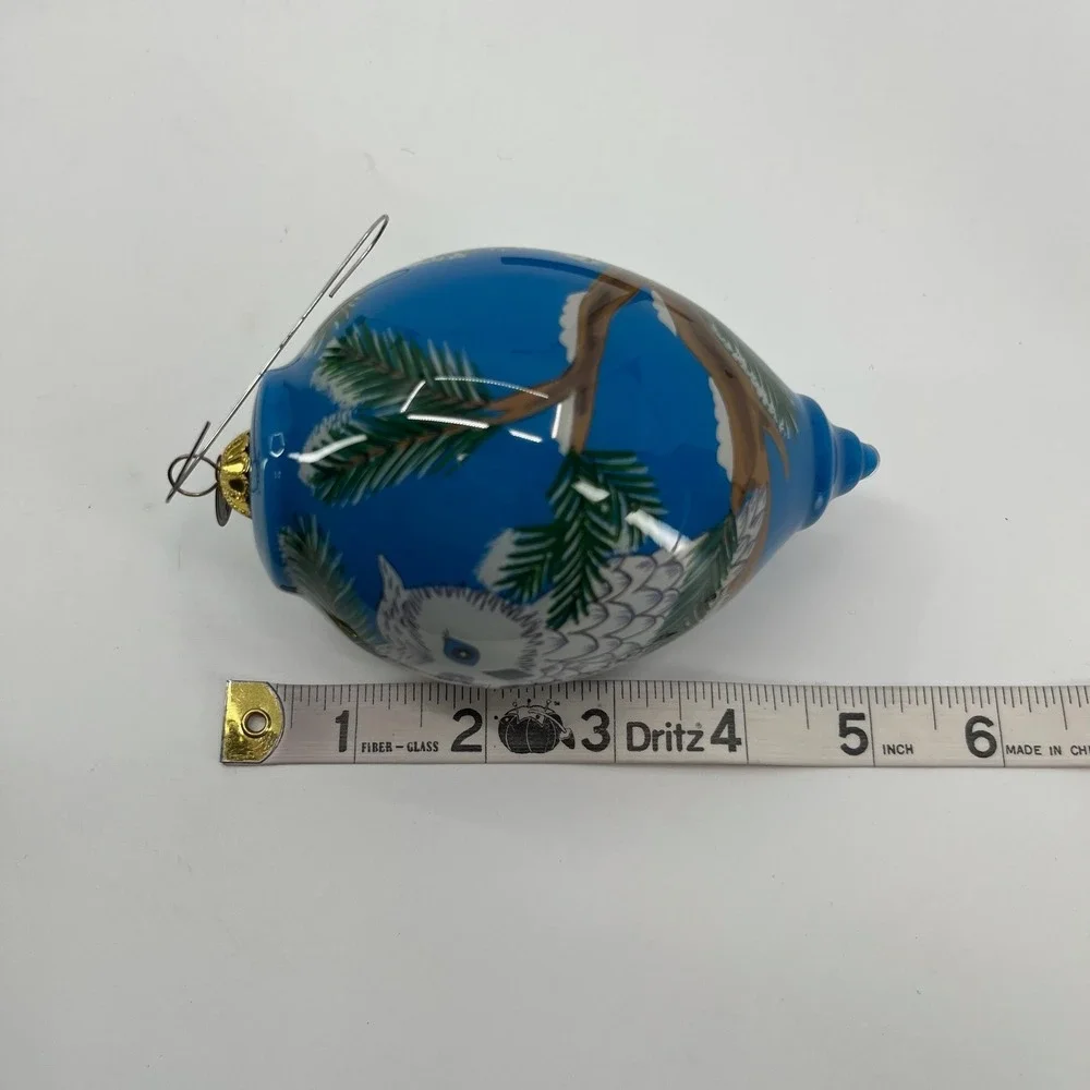 Pier 1 Li Bien Snow Owl Ornament 2015 Hand Painted Glass Blue Christmas Boxed